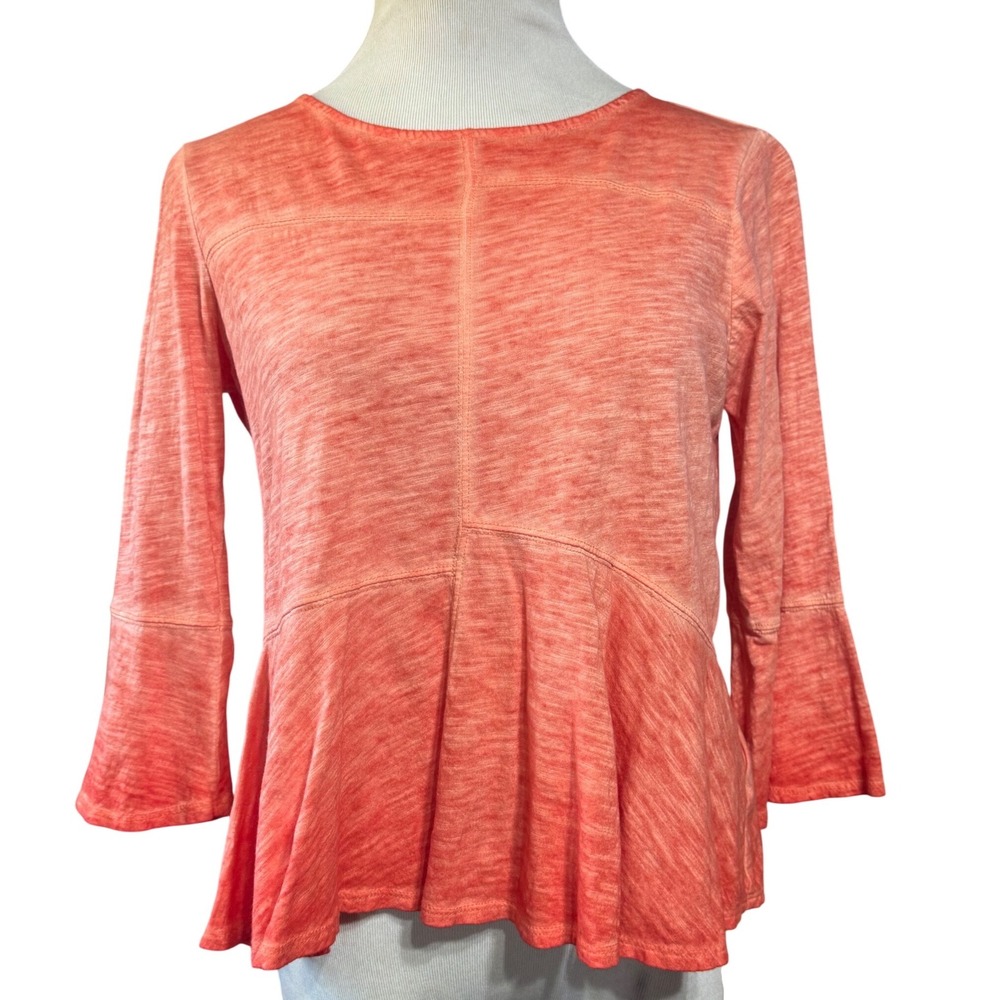 Akemi + Kin Peplum Top Womens XS 100% Cotton Bell Sleeve Coral Orange Slub Knit